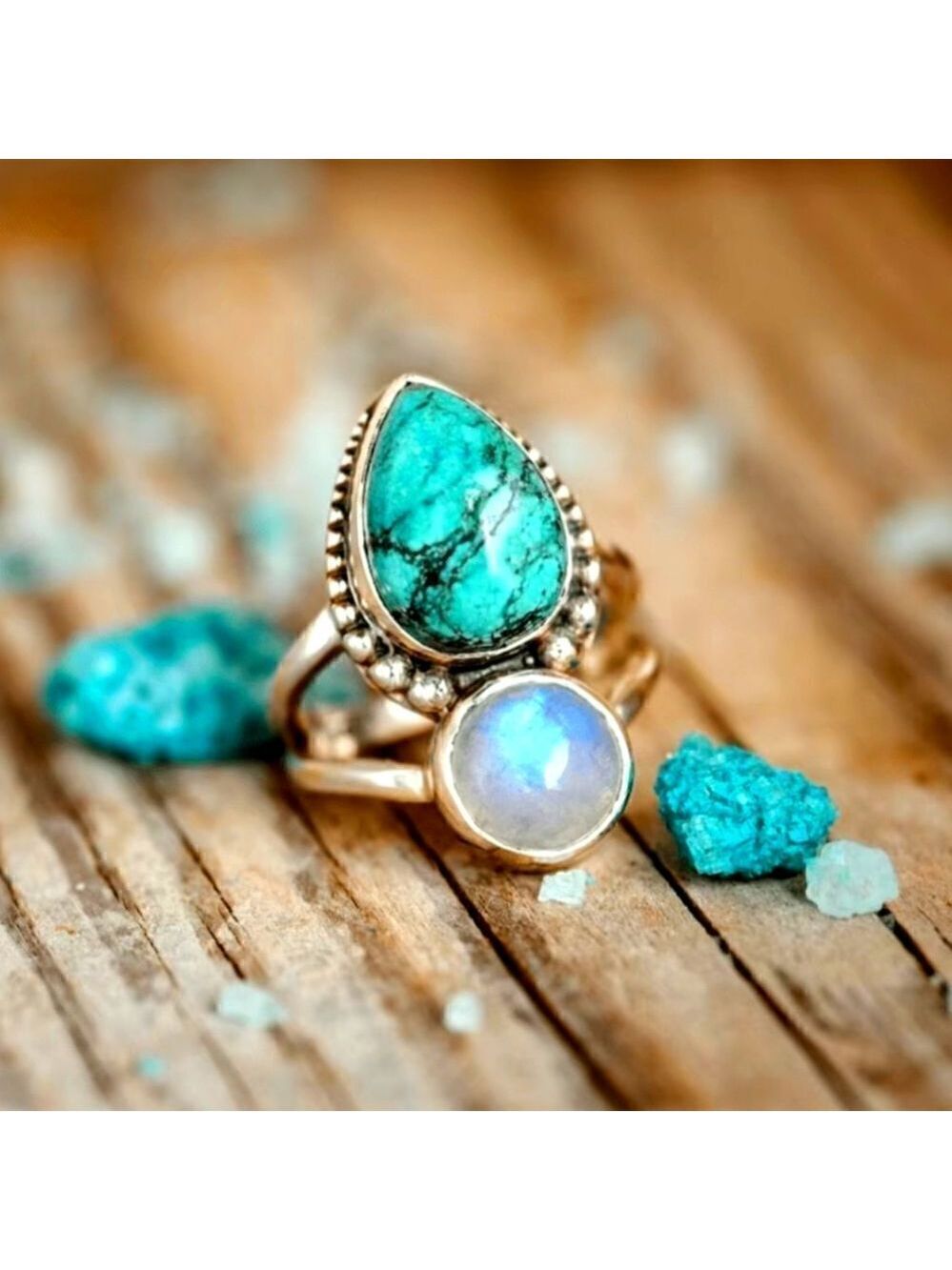 Boho Style Ring Inlaid Waterdrop Shape Turquoise Color Spherical Moonstone Match - Picture 4 of 8